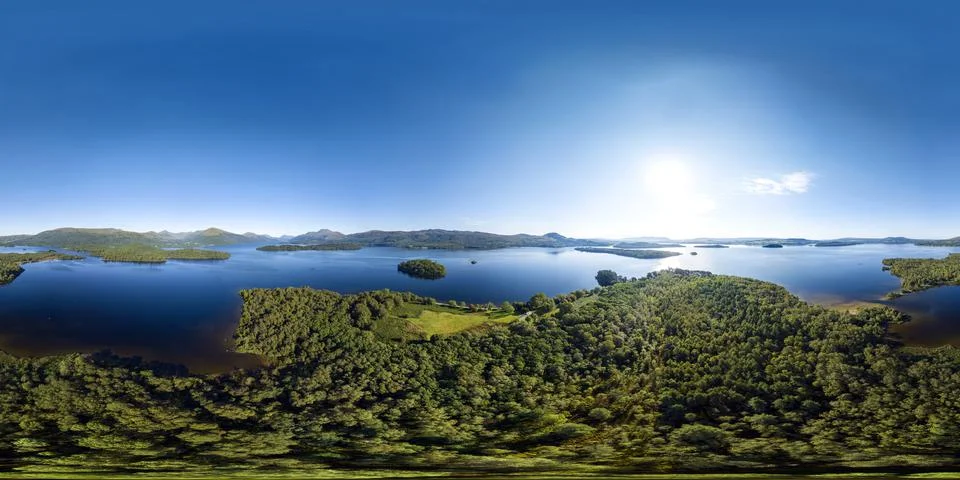 360 Equirectangular Drone Image Inchtavannach Island, Loch Lomond Stock-Fotos