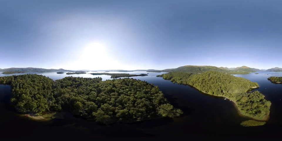 360 Equirectangular Drone Image Loch Lomond scotland Stock Photos
