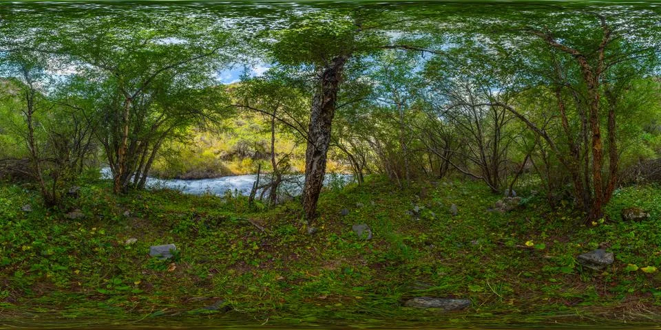 360 equirectangular Panorama of Lush Forest with River in Kyrgyzstan Stock-Fotos