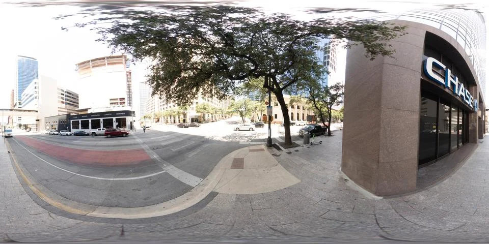 360 equirectangular photo of Chase Bank Tower Downtown Austin Texas Stock-Fotos