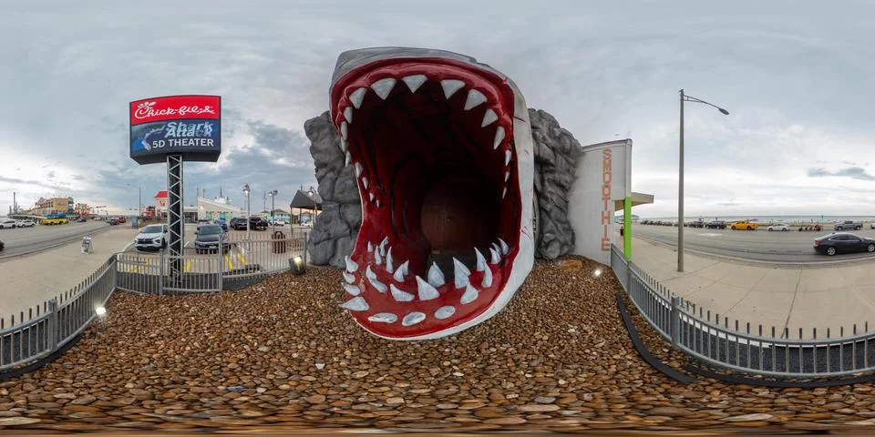 360 equirectangular photo Shark Attack 5d theater Galveston Texas Stock Photos