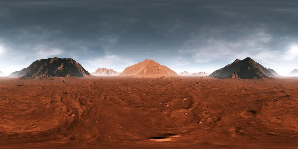 360 Equirectangular projection of Mars sunset. Martian landscape 库存插图