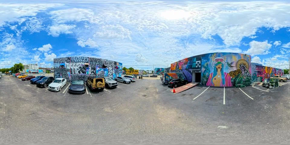 360 equirectangular spherical photo streets of Wynwood Miami Stock Photos