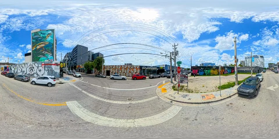 360 equirectangular spherical photo streets of Wynwood Miami Stock Photos