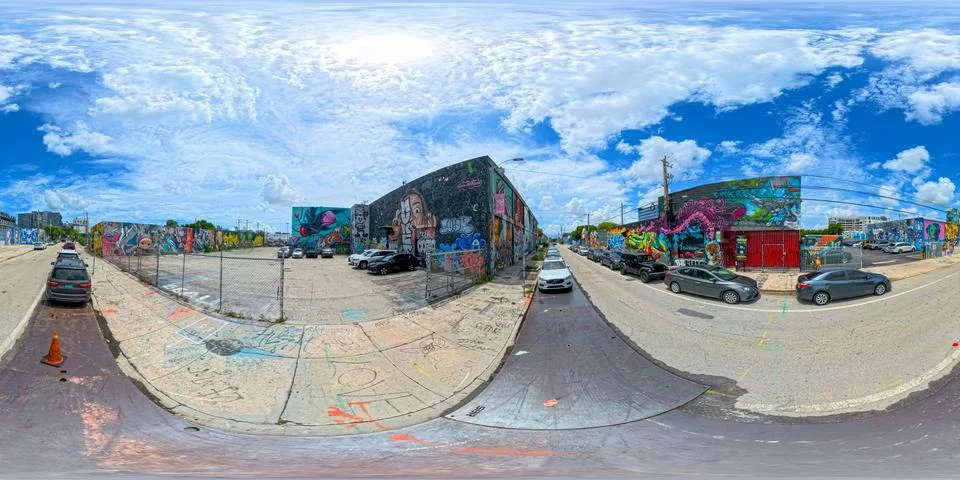 360 equirectangular spherical photo streets of Wynwood Miami Stock Photos