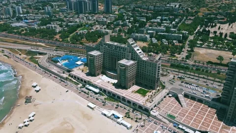 360 Fly Around Monster Building in Haifa, Israel Stock Footage 157365356