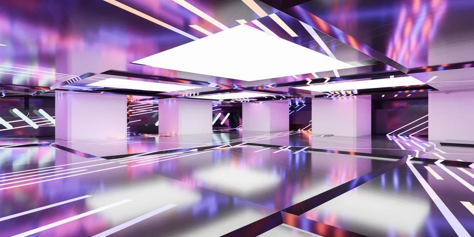 360 full equirectangular panorama dark abstract reflective hall futuristic neon 库存插图
