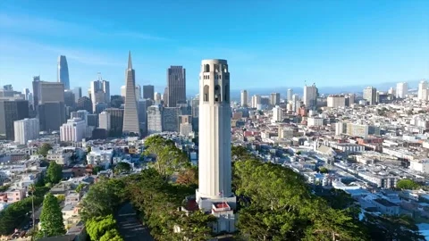 360 orbit around Coit Tower at gorgeous sunset in San Francisco California Stock Footage 246979436