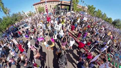 360 Overhead Lateral Shot of Phoenix “No King” Protest Crowd Stock Footage 327441942