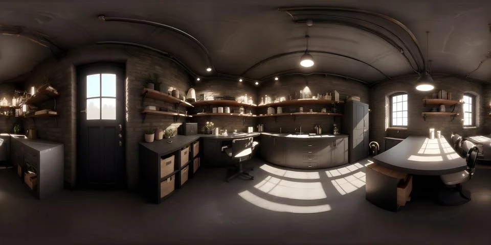 360 panorama of dark warehouse loft office room HDRI Stock Illustration