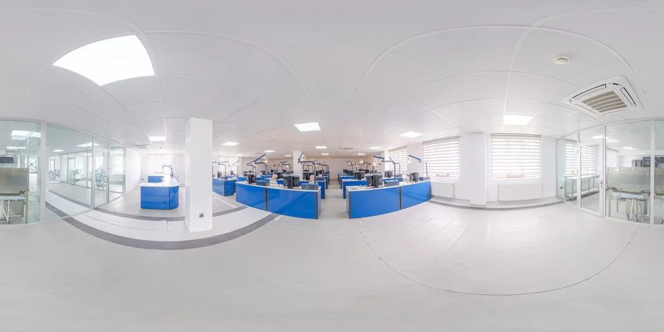 360 Panorama in interior of Training class of biology with microscopes 스톡 사진