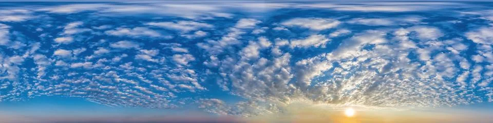 360 panorama sunrise sky with clouds, without ground for easy use in 3D graphics Stock Photos