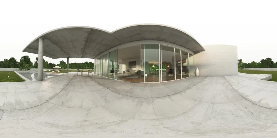 360 panorama VR , 3d rendering of exterior modern villa. Living-room Sofas... 库存插图