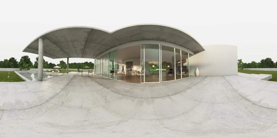 360 panorama VR , 3d rendering of exterior modern villa. Living-room Table... 库存插图