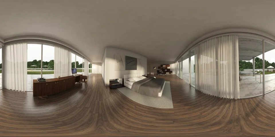 360 panorama VR , 3d rendering of interior modern bed-room. 3D illustration 库存插图