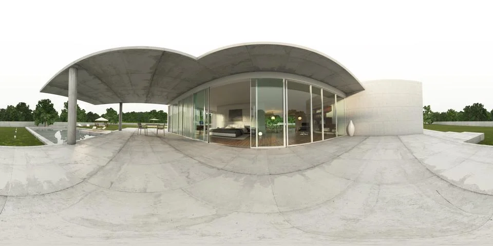 360 panorama VR , 3d rendering of exterior modern villa. Bed-room 3D illust.. 库存插图