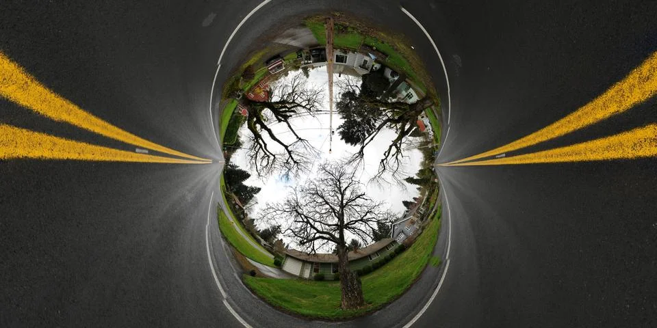 360 panoramic image projected to be an image with a road above and a street b Stock Photos