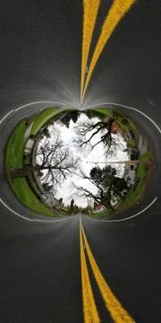 360 panoramic image projected to be an image with a road above and a street b Stock Photos