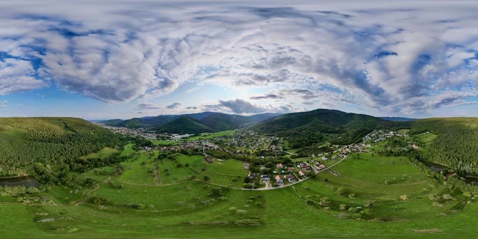 360 Panoramic Summer Break in the Clouds: Aerial View of Lautenbach Stock Photos