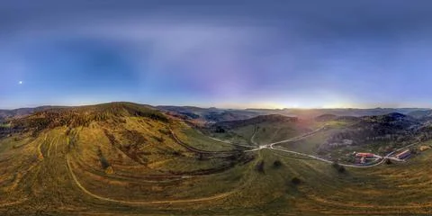 360° Spherical Panorama on the Col de la Perheux at sunset with the moon Stock Photos