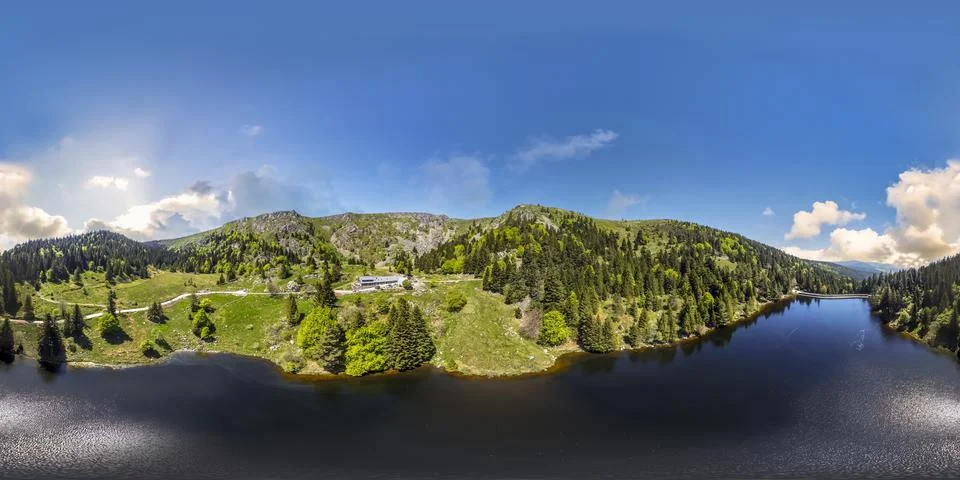 360° spherical panorama of a mountain lake in the Vosges Stock Photos