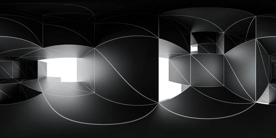 360 spherical panorama view of dark futuristic cube building architecture 3d Stock Illustration