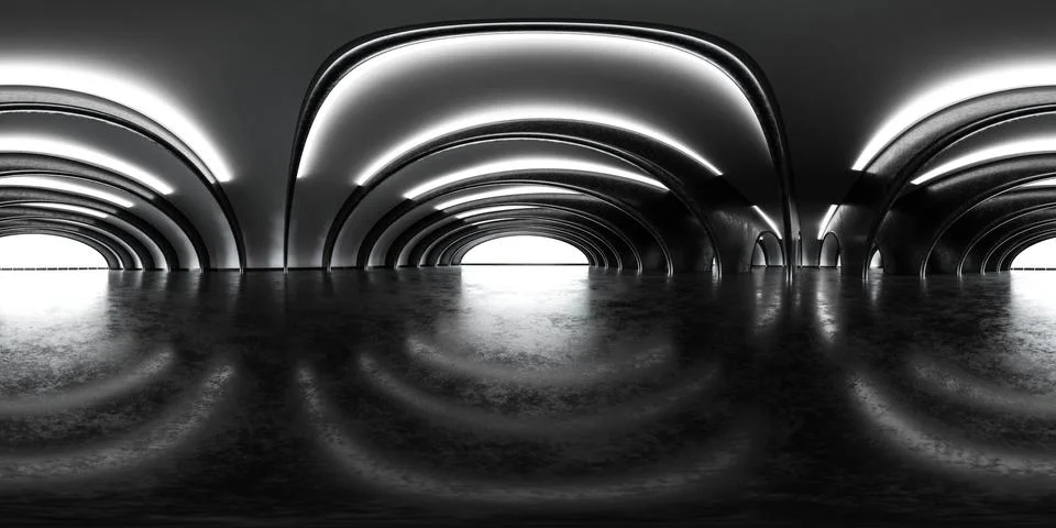 360 spherical panorama view of dark black industrial hall building interior 3d Ilustración de archivo