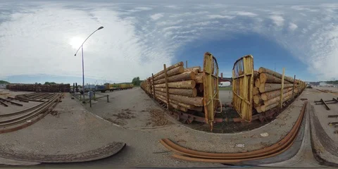 360 Timber industry scene with freight train loaded with logs Stock Footage 111340212