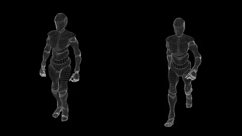 360 tracking shot, slow motion wireframe male android: confident walk. Stock Footage 94921292