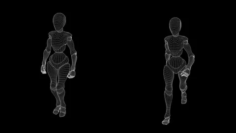 360 tracking shot, slow motion wireframe female android: confident walk. Stock-Footage 94921405