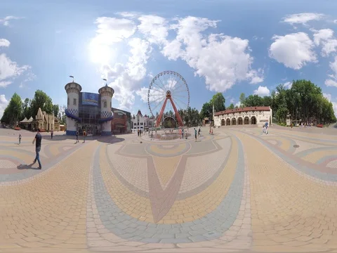 360 video panoramic view of children play in the fountain Stock Footage 76431490