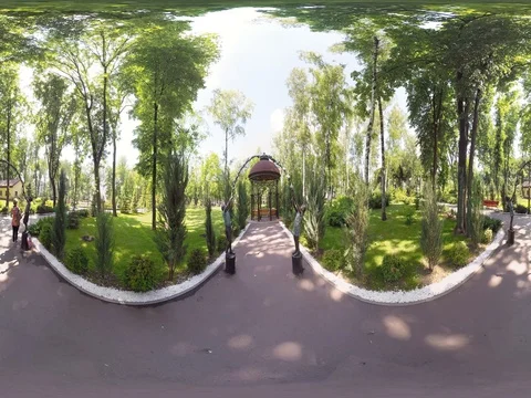 360 video panoramic view of summerhouse in the park Stock Footage 76431353