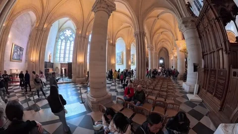 360 video of tourists inside Notre-Dame Cathedral in Paris, France Stock Footage 333464548