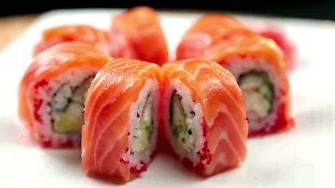 360° View of a Delicious Salmon Roll Sushi Stock Footage 278696924