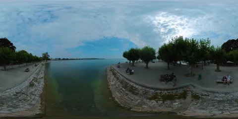 360 virtual reality format walking around the waterfront of the city Constance Stock Footage 164986182