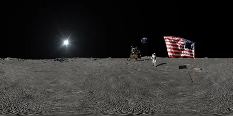 360 vr. Astronaut walking on the moon and saluting the American flag.. CG Stock Footage 113789058