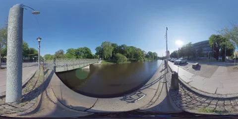 360 VR - Bridge over Canal in Small Town Stock Footage 132496632