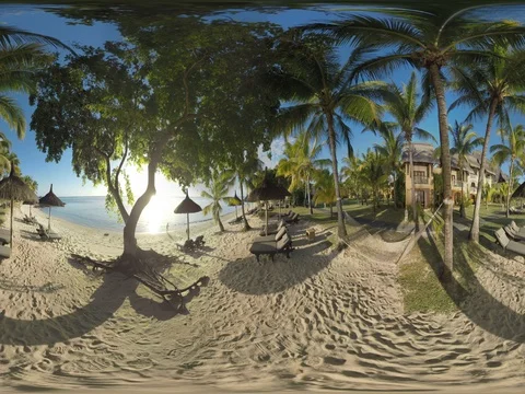 360 VR Coastline with resort area on tropical island, Mauritius Stock Footage