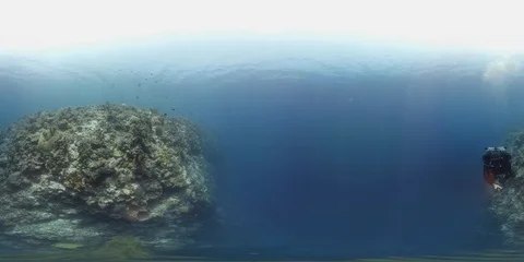 360 vr diver swims on the edge of a coral reef 8k Stock Footage 113541018