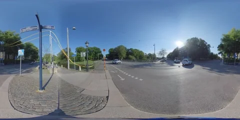 360 VR - Downtown Road Intersection Few Cars and Pedestrians Stock Footage 132445277