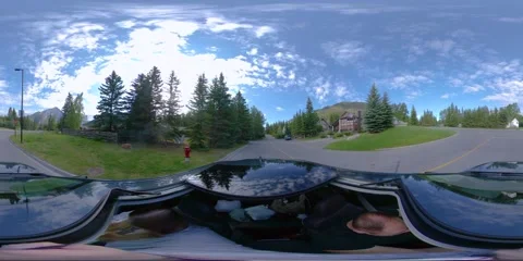 360 VR Drive 4K Into Town of Banff, Alberta, Canada Autumn Morning Stock Footage 154716877