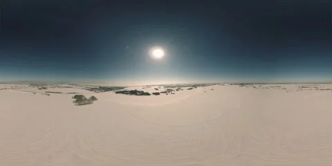 360 VR drone aerial view of cold winter landscape arctic field, trees covered Stock Footage 291810686