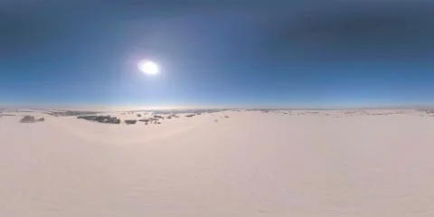360 VR drone aerial view of cold winter landscape arctic field, trees covered Stock Footage 307380894