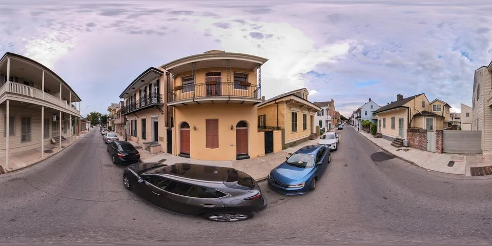 360 vr equirectangular image of historic architecture New Orleans French Qu.. Stock-Fotos