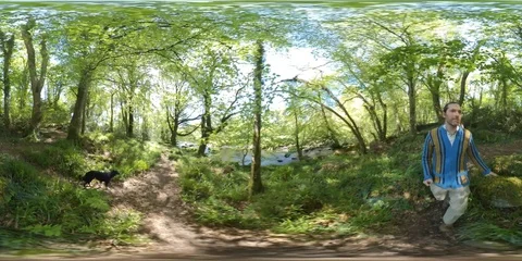 360 VR Family Lifestyle Family Walking In Summer In The Woods Beside The River Stock Footage