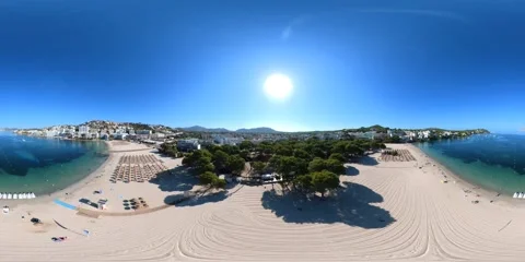 360 VR footage fly over sandy beach Majorca Spain Europe Santa Ponsa Stock Footage 346296457