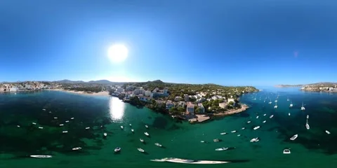 360 VR footage fly to sandy beach Majorca Spain Europe Santa Ponsa Stock Footage 346296338