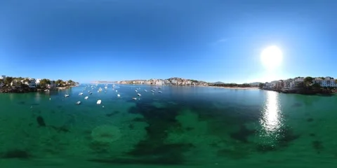 360 VR footage panoramic bay Majorca, Spain Europe: Santa Ponsa aerial view Stock Footage 346296123