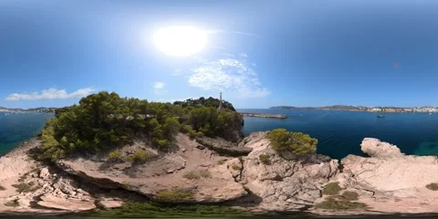 360 VR footage panoramic view of bay cross Majorca Spain Santa Ponsa aerial Stock Footage 346296630