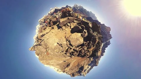 360 VR Gokyo Ri mountain top. Tibetan prayer Buddhist flag. Wild Himalayas high Stock Footage 156781553
